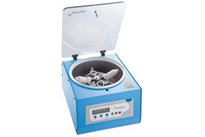Laboratory centrifuge with open lid, showing rotor and tubes inside, set against a white background.