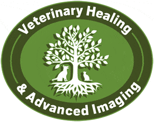 Green oval logo with a tree, cat, and dog, encircled by the words "Veterinary Healing & Advanced Imaging.
