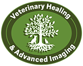A green oval logo with a tree silhouette, a dog, and a cat, labeled "Veterinary Healing & Advanced Imaging.