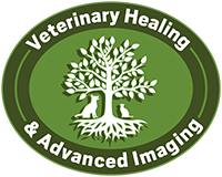 An emblem with a tree silhouette, a dog, and a cat, surrounded by the text "Veterinary Healing & Advanced Imaging.